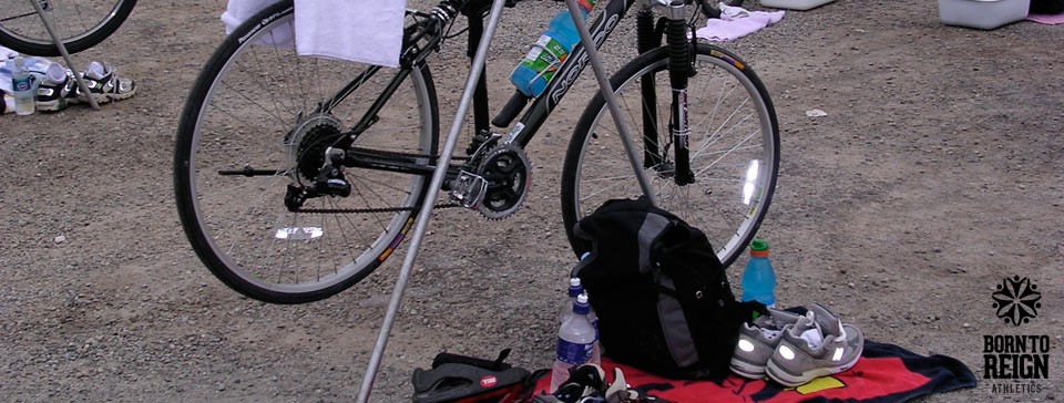 Bike racked, ready for a triathlon race